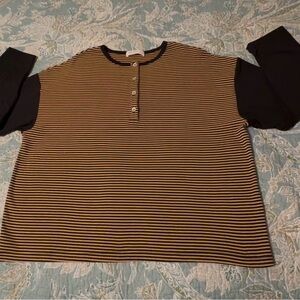 LA Relaxed brown/blk striped Henley 1/4 button, med, next to new.